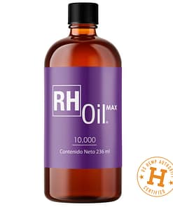 Rh Oil max con 10,000mg. 42mg/ml. de cbd frasco de 236ml. aceite vegetal con extracto de cannabis sativa l (cañamo) sin thc.