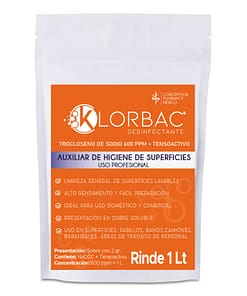 Klor bac 600 ppm trocloseno de sodio nadcc+ tensoactivo (detergente) sin colorante sobre 2gr para 1 litro