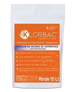Klor bac 600 ppm trocloseno de sodio nadcc+ tensoactivo (detergente) sin colorante sobre 20gr para 10 litros