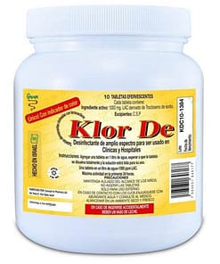 Klor de 1000 ppm trocloseno de sodio nadcc + tensoactivo (detergente) + colorante azul patentado bote con 10 tabletas efervescentes para 10 litros