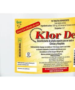 Alternative view of Klor de 1000 ppm trocloseno de sodio nadcc con un tensoactivo-detergente y un colorante azul. tableta efervescente para disolver en 1 litro de agua y obtener 1000 ppm de cloro latente activo (lac). envase con 150 tabletas. clave del imss 350.286.0459.00.00