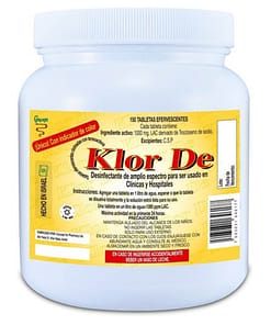 Klor de 1000 ppm trocloseno de sodio nadcc con un tensoactivo-detergente y un colorante azul. tableta efervescente para disolver en 1 litro de agua y obtener 1000 ppm de cloro latente activo (lac). envase con 150 tabletas. clave del imss 350.286.0459.00.00