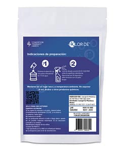Alternative view of Klor de 1000 ppm trocloseno de sodio nadcc con un tensoactivo-detergente y un colorante azul sobre en polvo con 2 gr. para 1 litro de agua =1000 ppm.