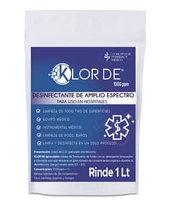 Klor de 1000 ppm trocloseno de sodio nadcc con un tensoactivo-detergente y un colorante azul sobre en polvo con 2 gr. para 1 litro de agua =1000 ppm.
