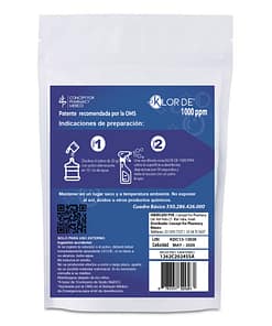 Alternative view of Klor de 1000 ppm trocloseno de sodio (nadcc) con un tensoactivo-detergente y un colorante azul. sobre en polvo con 20 gr para 10 litros de agua. 2 gr en litro de agua para obtener 1000 ppm de cloro latente activo (lac) clave del imss 350.286.0426.00