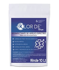 Klor de 1000 ppm trocloseno de sodio (nadcc) con un tensoactivo-detergente y un colorante azul. sobre en polvo con 20 gr para 10 litros de agua. 2 gr en litro de agua para obtener 1000 ppm de cloro latente activo (lac) clave del imss 350.286.0426.00