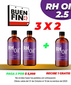 Paquete Rh Oil 2.5 con 2,500mg. 21mg/ml. de cbd frasco de 118ml. aceite vegetal con extracto de cannabis sativa l (cañamo) sin thc.