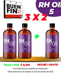 Paquete Rh Oil 5 con 5,000mg. 21mg/ml. de cbd frasco de 236ml. aceite vegetal con extracto de cannabis sativa l (cañamo) sin thc.
