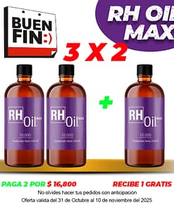 Paquete Rh Oil max con 10,000mg. 42mg/ml. de cbd frasco de 236ml. aceite vegetal con extracto de cannabis sativa l (cañamo) sin thc.